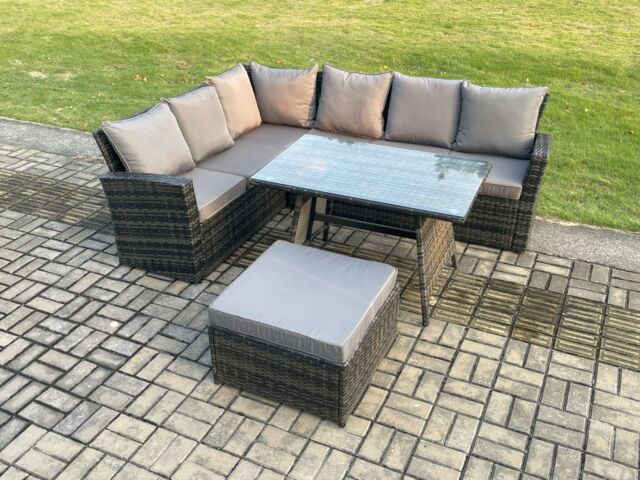 Fimous Outdoor Furniture Garden Dining Set Rattan Corner Sofa Set with Rectangular Dining Table Big Footstool in Dark Grey - image 1