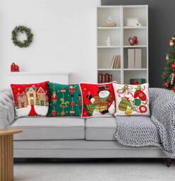 Luxury Living Embroidered Christmas Cushion with Mittens, Baubles & Bell in Cream - Size: 45 cm x 45 cm - thumbnail 6