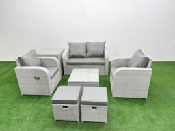 Fimous Light Grey PE Wicker Rattan Garden Furniture Set Sofa Set Reclining Adjustable Chair Square Coffee Table 6 Seater 2 Small Stools Side Table - thumbnail 1