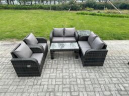 Fimous 6 Piece Rattan Garden Furniture Set Outdoor Patio Sofa, Table & Chairs Garden Table Ideal for Pool Side, Balcony, Outdoor Set in Dark Grey - thumbnail 1