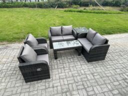 Fimous 6 Piece Rattan Garden Furniture Set Outdoor Patio Sofa, Table & Chairs Garden Table Ideal for Pool Side, Balcony, Outdoor Set in Dark Grey - thumbnail 2
