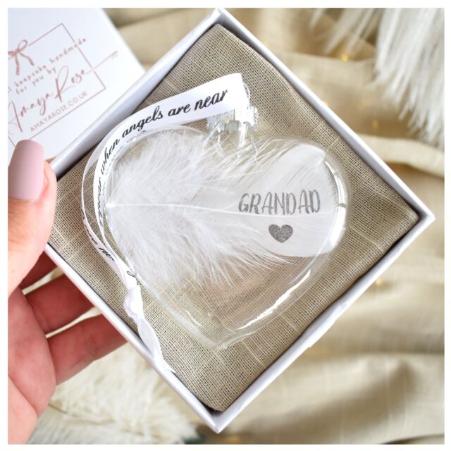 Amaya Rose Ltd In Memory of GRANDAD Feather Heart Bauble Gift Boxed in Clear