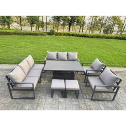 Fimous Aluminum 7-Piece 10-Seater Dining Set with Lifting Table & Cushions in Dark Grey - thumbnail 1