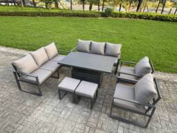 Fimous Aluminum 7-Piece 10-Seater Dining Set with Lifting Table & Cushions in Dark Grey - thumbnail 2