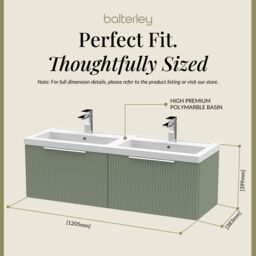Balterley Fluted Wall Hung 2 Drawer Vanity Basin Unit & Basin 1200mm Satin Green - thumbnail 5
