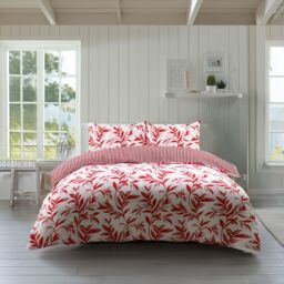Snug City Duvet Cover & Pillowcase Set Reversible Leaf & Stripe Design Polycotton Bed Linen in Red - Size: Single - thumbnail 1