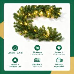 Shatchi 2.7M Pre-Lit Alaskan Garland - 70 Warm White LEDs, Christmas Décor in Green - thumbnail 5