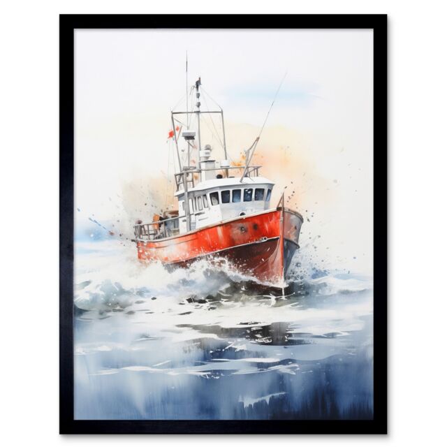 "Artery8 Wall Art Print Trawler Fishing Boat Watercolour Painting Red Blue Rough Sea Fishermen Waves Seascape Art Framed in Black - Size: W12"" x H16""" - image 1