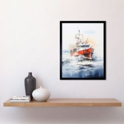 "Artery8 Wall Art Print Trawler Fishing Boat Watercolour Painting Red Blue Rough Sea Fishermen Waves Seascape Art Framed in Black - Size: W12"" x H16""" - thumbnail 2
