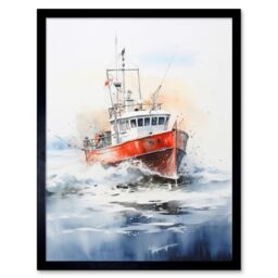 "Artery8 Wall Art Print Trawler Fishing Boat Watercolour Painting Red Blue Rough Sea Fishermen Waves Seascape Art Framed in Black - Size: W12"" x H16""" - thumbnail 1