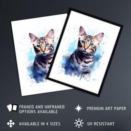 "Artery8 Wall Art Print Bengal Cat Lovers Gift Watercolour Pet Portrait Painting Artwork Poster - Size: W12"" x H16""" - thumbnail 2