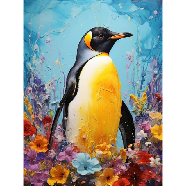 Artery8 Wall Art Print King Penguin in Colourful Floral Flowers Nest Thick Paint Oil Painting Yellow Black Blue Colourful Artwork Poster - image 1
