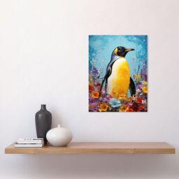 Artery8 Wall Art Print King Penguin in Colourful Floral Flowers Nest Thick Paint Oil Painting Yellow Black Blue Colourful Artwork Poster - thumbnail 2