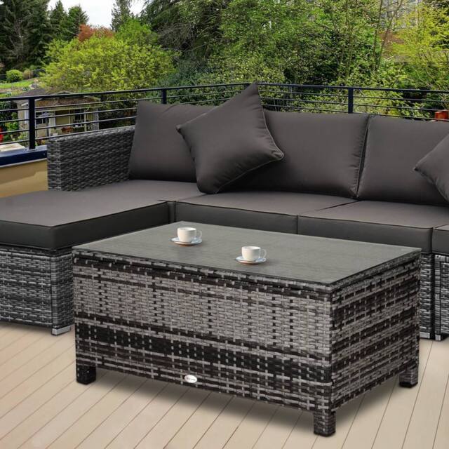 OUTSUNNY Garden Rattan Side Table, Wicker Coffee Desk, Glass Top in Dark Grey - image 1