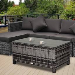 OUTSUNNY Garden Rattan Side Table, Wicker Coffee Desk, Glass Top in Dark Grey