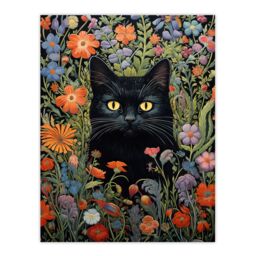Artery8 Black Cat In Wildflower Meadow Flowers Floral Design Illustration Large Wall Unframed Art Poster Print Thick Paper 18X24 Inch - thumbnail 1