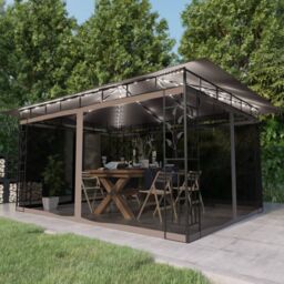 Berkfield Home Gazebo with Mosquito Net&LED String Lights 4x3x2.73 m Taupe in Beige