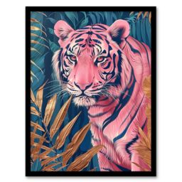 Artery8 Majestic Pink Tiger in Blue Gold Tropical Jungle Framed Wall Art - Size: A4 - thumbnail 1
