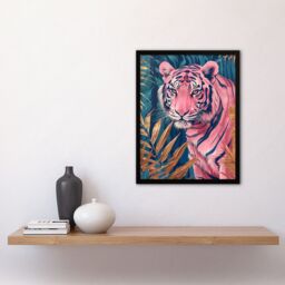Artery8 Majestic Pink Tiger in Blue Gold Tropical Jungle Framed Wall Art - Size: A4 - thumbnail 4