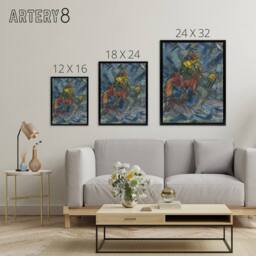 "Artery8 Hunter with Dog In A Blue Forest Kubincan Black Framed Canvas Wall Art - Size: W12"" x H16""" - thumbnail 4