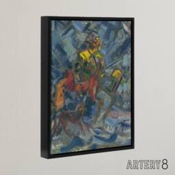 "Artery8 Hunter with Dog In A Blue Forest Kubincan Black Framed Canvas Wall Art - Size: W12"" x H16""" - thumbnail 2