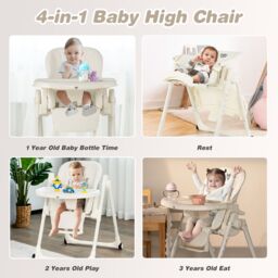 Gymax 4-in-1 Nursery High Chair Folding Feeding Chair With Footrest in Beige - thumbnail 5