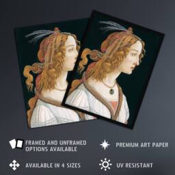 "Artery8 Idealized Portrait of a Lady Botticelli Vintage Wall Art Print Poster in Black - Size: W12"" x H16""" - thumbnail 2