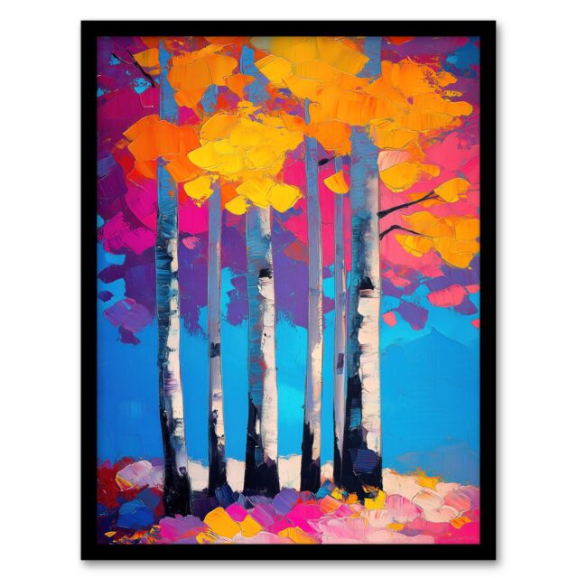 "Artery8 Autumn Birch Trees Vibrant Abstract Painting Framed Art Print in Pink - Size: W12"" x H16""" - image 1