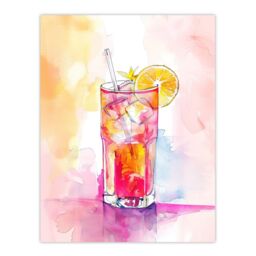 "Artery8 Rum Punch Cocktail Pink Orange Watercolour Wall Art Print - Size: W24"" x H32""" - thumbnail 1