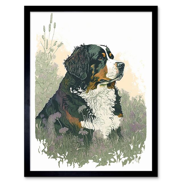 "Artery8 Wall Art Print Bernese Mountain Dog in Wild Flower Field Watercolour Art Framed in Black - Size: W12"" x H16""" - image 1