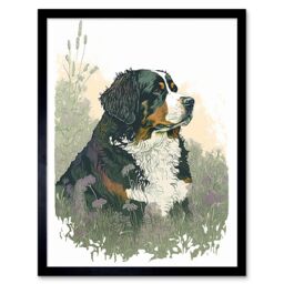"Artery8 Wall Art Print Bernese Mountain Dog in Wild Flower Field Watercolour Art Framed in Black - Size: W12"" x H16""" - thumbnail 1