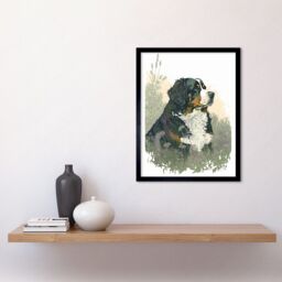 "Artery8 Wall Art Print Bernese Mountain Dog in Wild Flower Field Watercolour Art Framed in Black - Size: W12"" x H16""" - thumbnail 2