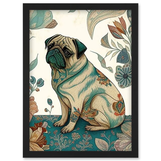 Artery8 Pug Dog with Floral Patterns Vintage Inspired Multicoloured Linocut Illustration Artwork Framed Wall Art Print A4 in Black - image 1