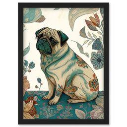 Artery8 Pug Dog with Floral Patterns Vintage Inspired Multicoloured Linocut Illustration Artwork Framed Wall Art Print A4 in Black - thumbnail 1