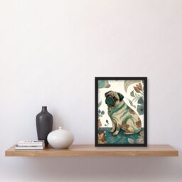 Artery8 Pug Dog with Floral Patterns Vintage Inspired Multicoloured Linocut Illustration Artwork Framed Wall Art Print A4 in Black - thumbnail 2