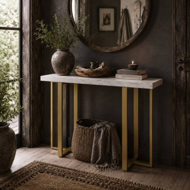 Wyld Haus Larose Narrow Console Table 100 x 30cm White Faux Marble Top - Size: 100 x 30 cm - image 1