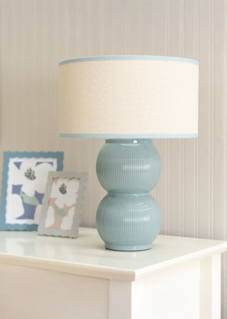 ValueLights Gemma Linen with Trim Drum Lamp Shade Stacked Ribbed Glazed Table Lamp in Pale Green - image 1