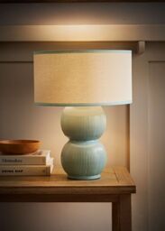 ValueLights Gemma Linen with Trim Drum Lamp Shade Stacked Ribbed Glazed Table Lamp in Pale Green - thumbnail 2