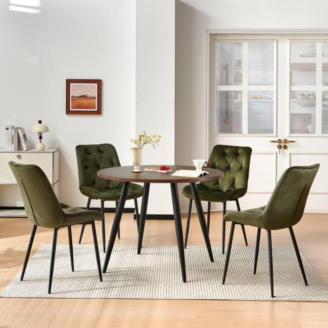 SONARA Dark Walnut 4 Seater Dining Table With 4 Velvet Chairs Sets in Green - image 1