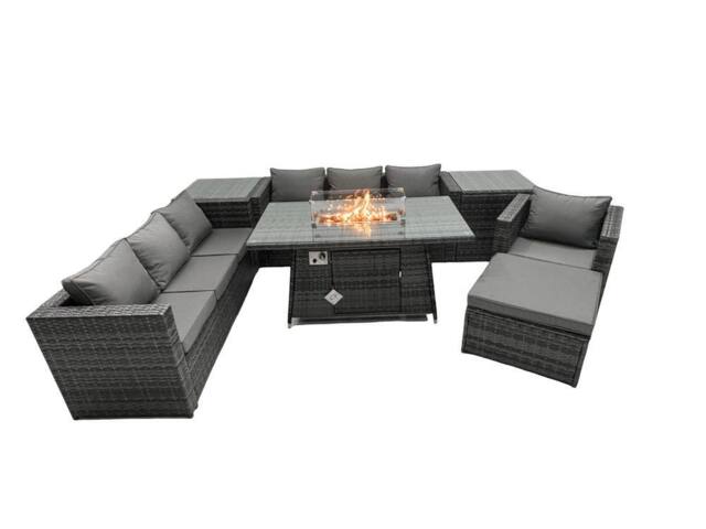 Fimous Rattan Garden Furniture Firepit Dining Set 8 Seater Lounge Sofa Table Set with 2 side table big Footstool in Dark Grey - image 1