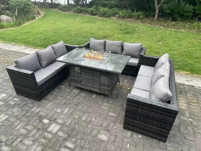 Fimous 9 Seater U Shape Outdoor Lounge Rattan Sofa Set Garden Furniture Gas Firepit Set Dining Table Dark Grey - image 1