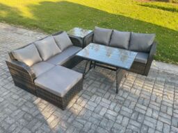 Fimous Garden Furniture Sofa Set Rectangular Dining Table Big Footstool Side Table Indoor Outdoor 7 Seater Rattan Set in Dark Grey - thumbnail 2
