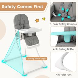 Gymax Foldable High Chair Easy Clean Compact Highchair With Tray in Light Grey - thumbnail 4