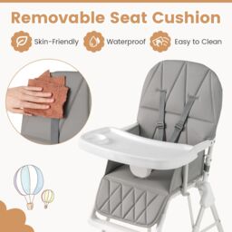 Gymax Foldable High Chair Easy Clean Compact Highchair With Tray in Light Grey - thumbnail 5