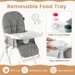 Gymax Foldable High Chair Easy Clean Compact Highchair With Tray in Light Grey - thumbnail 7