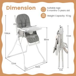 Gymax Foldable High Chair Easy Clean Compact Highchair With Tray in Light Grey - thumbnail 2