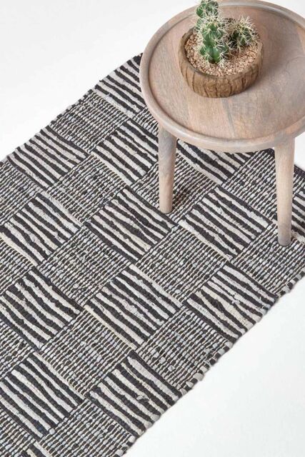Homescapes Real Leather Handwoven Striped Block Check Hall Runner, 66 x 200 cm - Size: 66 cm x 200 cm - image 1