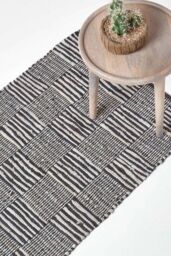 Homescapes Real Leather Handwoven Striped Block Check Hall Runner, 66 x 200 cm - Size: 66 cm x 200 cm - thumbnail 1