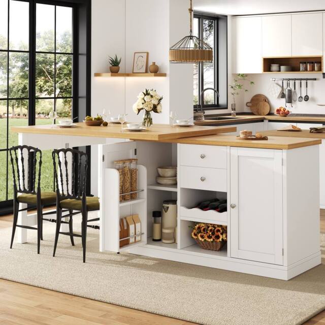 Merax Extendable Kitchen Island Sideboard with Dining Table & Wine Rack in White - image 1