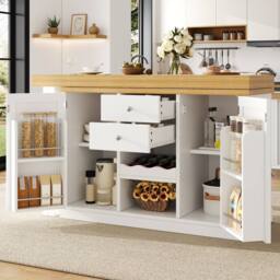 Merax Extendable Kitchen Island Sideboard with Dining Table & Wine Rack in White - thumbnail 2